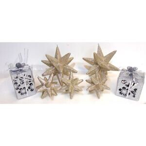 Star Glitter Christmas Ornaments Hanging Silver Boxes Bows 7 Pcs 5" 3" Set Old